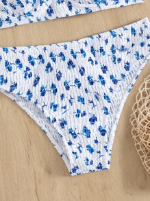 SHEIN Swim Floral Print Bikini Set Smocked Push Up Bikini Bra Top & Hipster Bikini Bottom 2 Piece Bathing Suit,Summer Beach - Blue and White - View 4