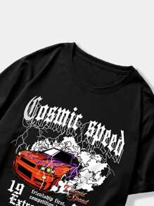 ROMWE MEN Street Life Men Car & Letter Graphic Tee & Shorts, School - Black - View 7