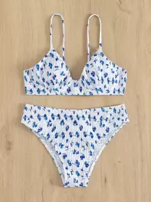 SHEIN Swim Floral Print Bikini Set Smocked Push Up Bikini Bra Top & Hipster Bikini Bottom 2 Piece Bathing Suit,Summer Beach - Blue and White - View 5