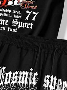 ROMWE MEN Street Life Men Car & Letter Graphic Tee & Shorts, School - Black - View 8