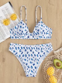 SHEIN Swim Floral Print Bikini Set Smocked Push Up Bikini Bra Top & Hipster Bikini Bottom 2 Piece Bathing Suit,Summer Beach - Blue and White - View 6