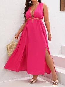 SHEIN VCAY Plus Plunging Neck Split Thigh Dress - Hot Pink - View 4