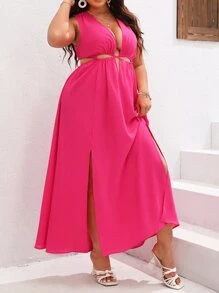 SHEIN VCAY Plus Plunging Neck Split Thigh Dress - Hot Pink - View 5