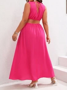 SHEIN VCAY Plus Plunging Neck Split Thigh Dress - Hot Pink - View 6