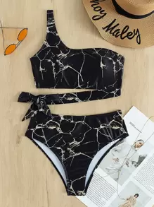 Marble Print One Shoulder High Waisted Bikini - Black - View 1