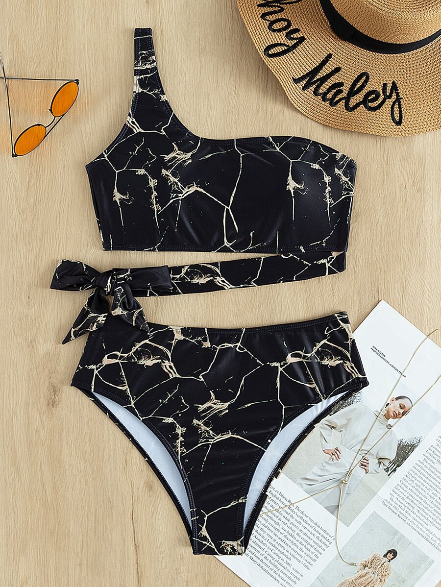 Marble Print One Shoulder High Waisted Bikini - Black - View 1