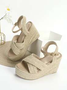 女士交叉搭扣裝飾編織度假草編踝帶坡跟涼鞋適用於海灘 - 杏色 - 查看 2