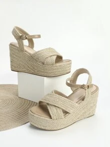 女士交叉搭扣裝飾編織度假草編踝帶坡跟涼鞋適用於海灘 - 杏色 - 查看 3