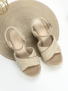 女士交叉搭扣裝飾編織度假草編踝帶坡跟涼鞋適用於海灘 - 杏色 - 查看 5