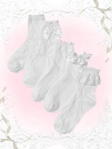 ROMWE Kawaii 5雙蝴蝶結裝飾荷葉邊中筒襪 - 白色 - 查看 1