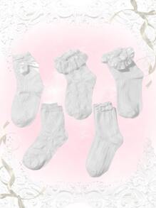 ROMWE Kawaii 5雙蝴蝶結裝飾荷葉邊中筒襪 - 白色 - 查看 2