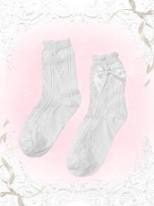 ROMWE Kawaii 5雙蝴蝶結裝飾荷葉邊中筒襪 - 白色 - 查看 3