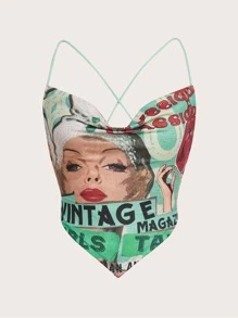 SHEIN ICON 90s Figure & Letter Graphic Tied Backless Bandana Crop Top - Multicolor - View 1