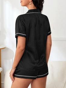 Moireta 条纹提花撞色滚边缎面睡衣套装/睡衣套装 - 黑色 - 查看 2