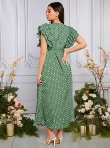 SHEIN Maternity Polka Dot Print Butterfly Sleeve Dress - Green - View 2