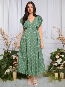 SHEIN Maternity Polka Dot Print Butterfly Sleeve Dress - Green - View 4