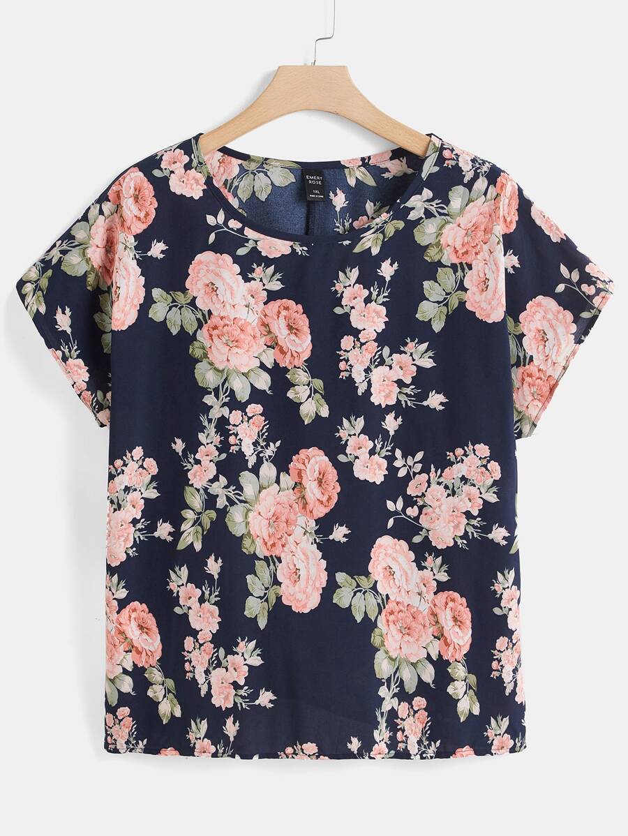 SHEIN LUNE Plus Floral Print Batwing Sleeve Blouse - Navy Blue - View 1