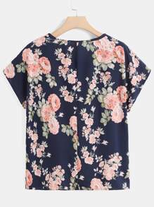 SHEIN LUNE Plus Floral Print Batwing Sleeve Blouse - Navy Blue - View 2