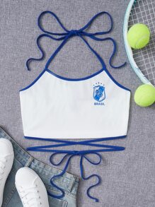 SHEIN EZwear Áo khoác và áo lót dành cho xe tăng nữ Buộc lại Tương phản ràng buộc Hội Chữ thập Lá thư Giải trí - trắng - Xem 1