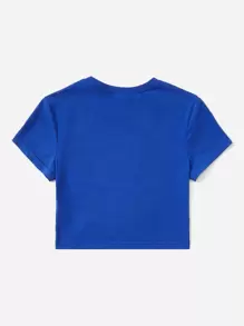 SHEIN EZwear 字母圖案短款棒球T恤 - 寶藍色 - 查看 2