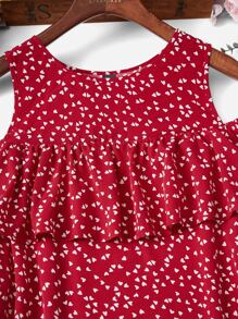 SHEIN VCAY Heart Print Cold Shoulder Ruffle Trim Dress - Red and White - View 3