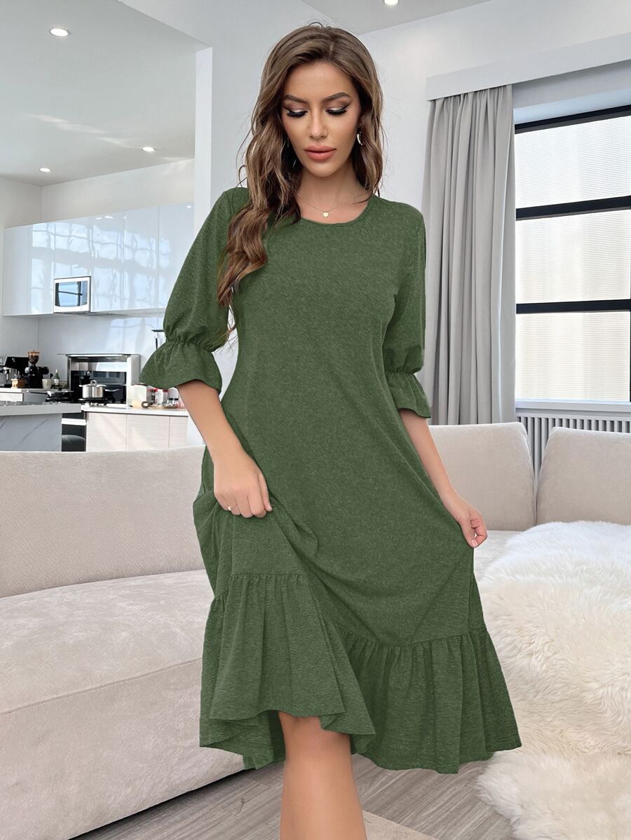 Vestido homewear de manga con volante bajo con fruncido - Verde militar - Ver 1