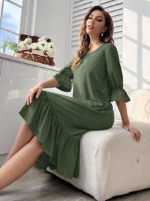 Vestido homewear de manga con volante bajo con fruncido - Verde militar - Ver 3