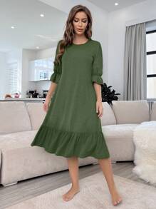 Vestido homewear de manga con volante bajo con fruncido - Verde militar - Ver 4