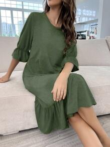 Vestido homewear de manga con volante bajo con fruncido - Verde militar - Ver 5