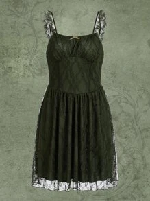 ROMWE Fairycore Vestido de tirantes con encaje en contraste - Verde Oscuro - Ver 1