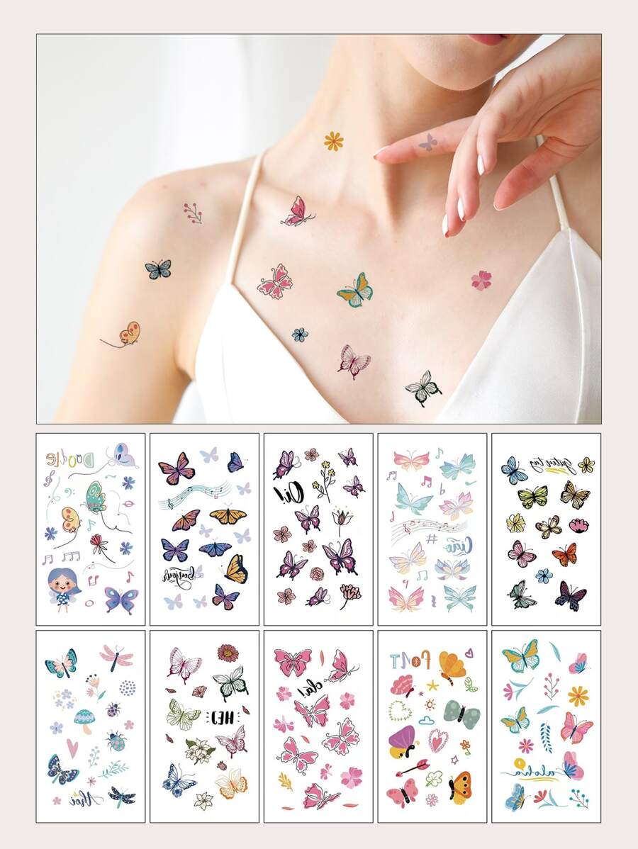 10張蝴蝶圖案紋身貼紙 - 彩色 - 查看 1