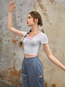 ROMWE Fairycore Camiseta ribete en forma de lechuga con lazo delantero - Blanco - Ver 3