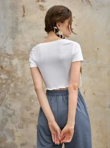 ROMWE Fairycore Camiseta ribete en forma de lechuga con lazo delantero - Blanco - Ver 6