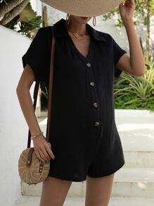SHEIN Maternity Batwing Sleeve Button Front Shirt Romper - Black - View 1