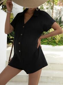 SHEIN Maternity Batwing Sleeve Button Front Shirt Romper - Black - View 3