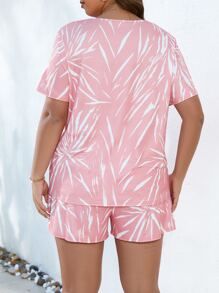 SHEIN LUNE 大碼圖案印花T恤和前打結短褲 - 粉色 - 查看 2