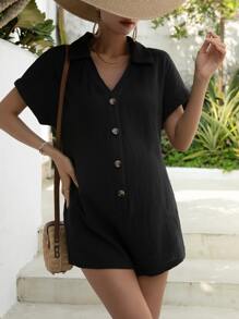 SHEIN Maternity Batwing Sleeve Button Front Shirt Romper - Black - View 8