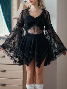 ROMWE Fairycore Tie Front Bell Sleeve Lace Top - Black - View 4