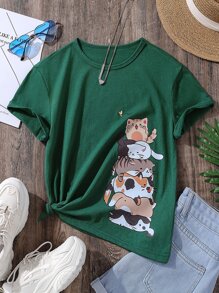 Tween Girl Cartoon Cat Graphic Tee - Dark Green - View 1