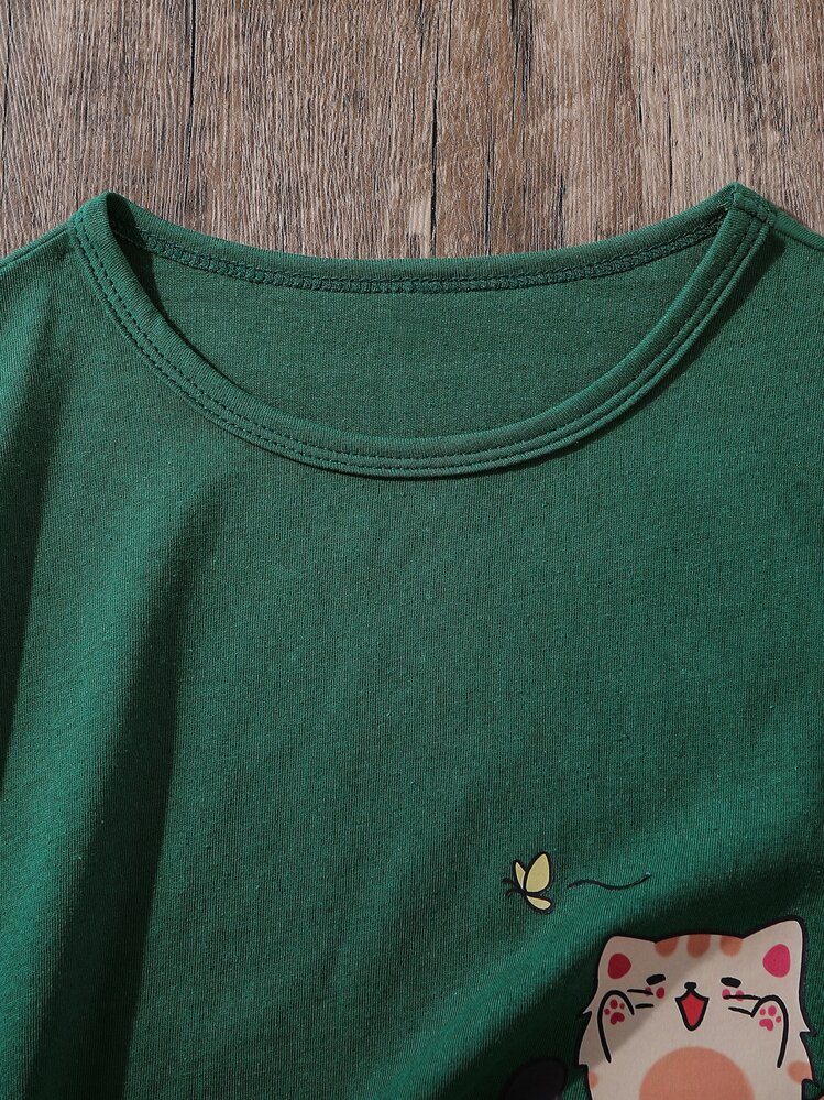 เด็กหญิงก่อนวัยรุ่น เสื้อยืด ลาย การ์ตูน แมว - สีเขียวเข้ม - ดู 3