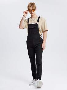 Manfinity RebelGame Men Cotton Solid Slant Pocket Denim Overalls Without Tee - Black - View 3