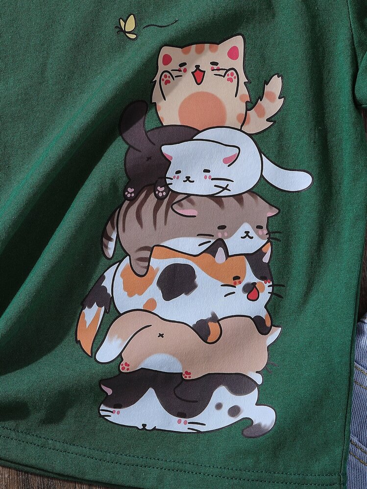 เด็กหญิงก่อนวัยรุ่น เสื้อยืด ลาย การ์ตูน แมว - สีเขียวเข้ม - ดู 4