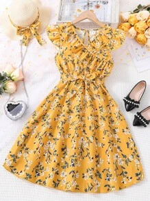Vestido de niña con diseño floral A-Line y dobladillo acampanado con mangas con volantes, verano, incluye cinturón de cintura - Mostaza Amarilla - Ver 1