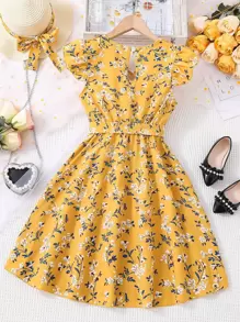 Vestido de niña con diseño floral A-Line y dobladillo acampanado con mangas con volantes, verano, incluye cinturón de cintura - Mostaza Amarilla - Ver 2