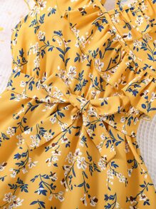 Vestido de niña con diseño floral A-Line y dobladillo acampanado con mangas con volantes, verano, incluye cinturón de cintura - Mostaza Amarilla - Ver 4