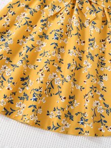 Vestido de niña con diseño floral A-Line y dobladillo acampanado con mangas con volantes, verano, incluye cinturón de cintura - Mostaza Amarilla - Ver 6