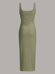 SHEIN MOD Solid Rib-knit Tank Dress - Lime Green - View 2