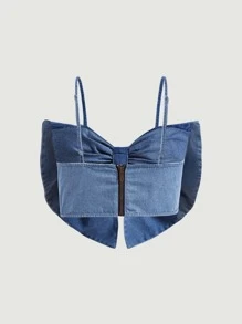 SHEIN MOD Bow Front Cami Denim Top - Light Wash - View 2