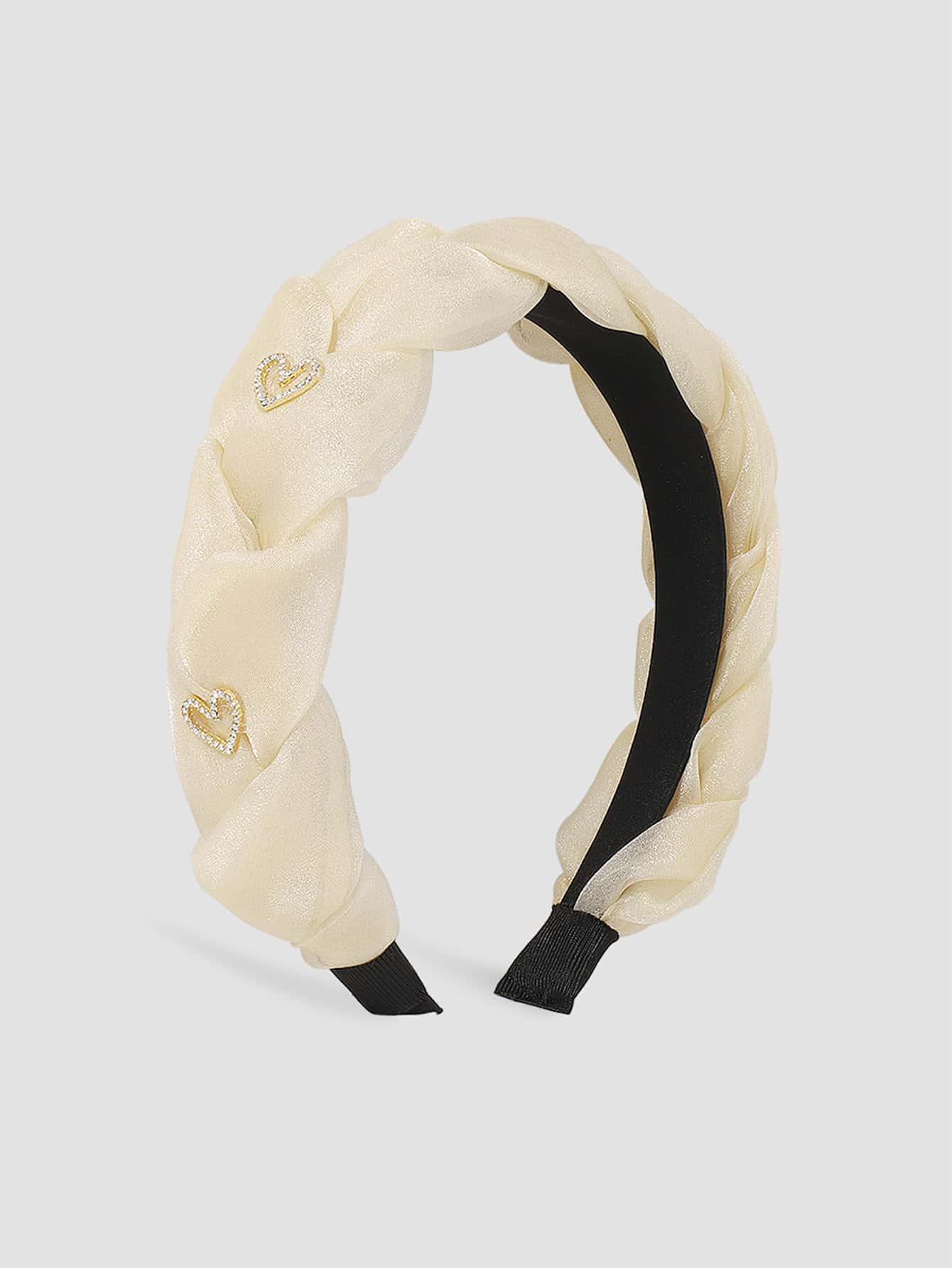 Rhinestone Heart Decor Braided Detail Headband - Beige - View 1