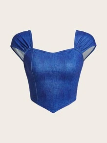 SHEIN Tops con gái Bất đối xứng Xù màu trơn Giải trí - Màu xanh lam - Xem 1